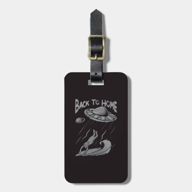 Étiquette À Bagage illustration d'alien ufo surfant avec retour à la  (Devant Vertical)