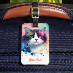 Étiquette À Bagage Illustration de chat colorée et nom personnalisé