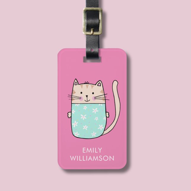 Étiquette À Bagage Illustration de chat mignon avec nom personnalisé (Kitty Cat pink personalized luggage tag)