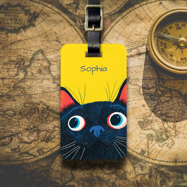 Étiquette À Bagage Illustration de chat noir curieux (Créateur téléchargé)