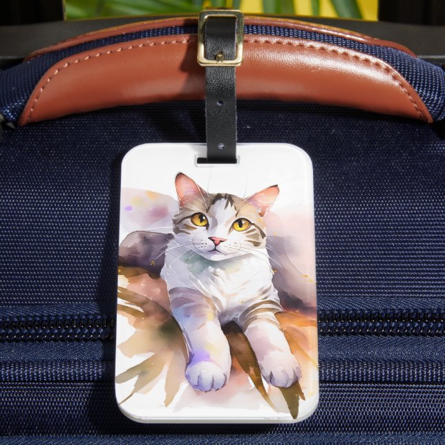Étiquette À Bagage Illustration de l'aquarelle de chat blanc doux (Insitu Rectoal 2)