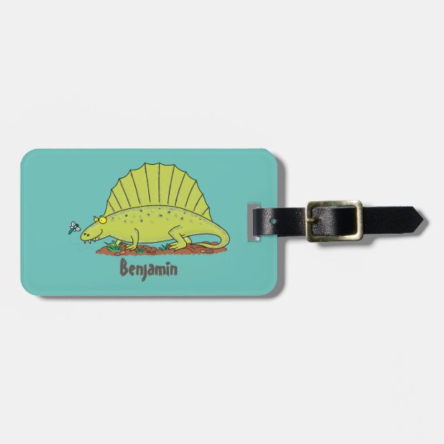 Étiquette À Bagage Illustration d'un dimétrodon vert mignon (Devant horizontal)
