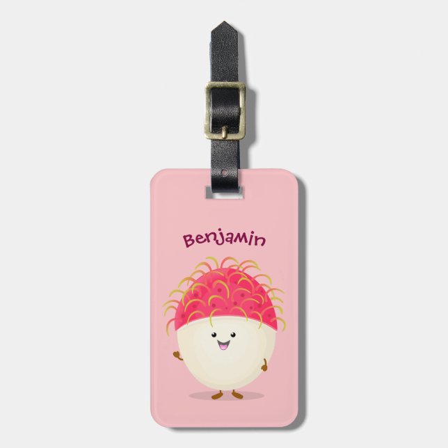 Étiquette À Bagage Illustration mignon du ramboutan rose (Devant Vertical)
