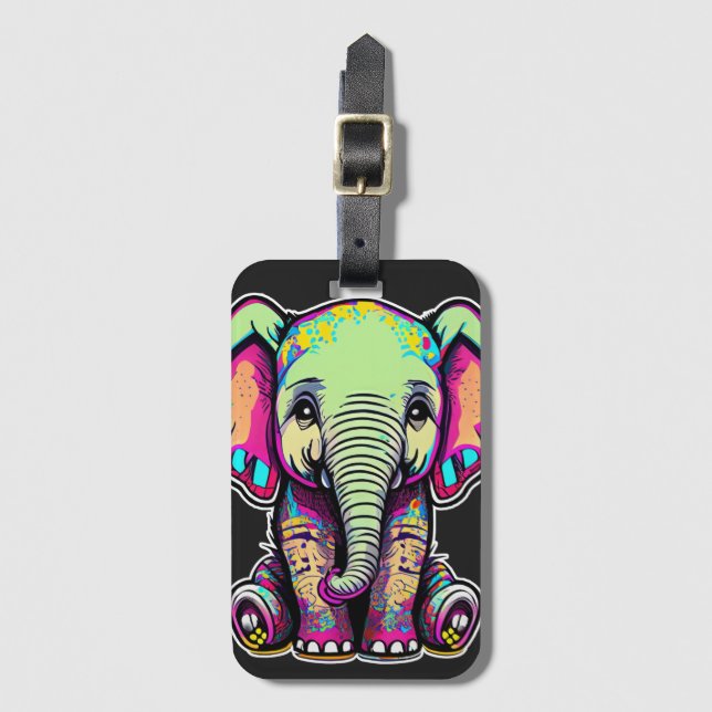 Étiquette À Bagage Illustration numérique d'un bébé éléphant mignon a (Devant Vertical)