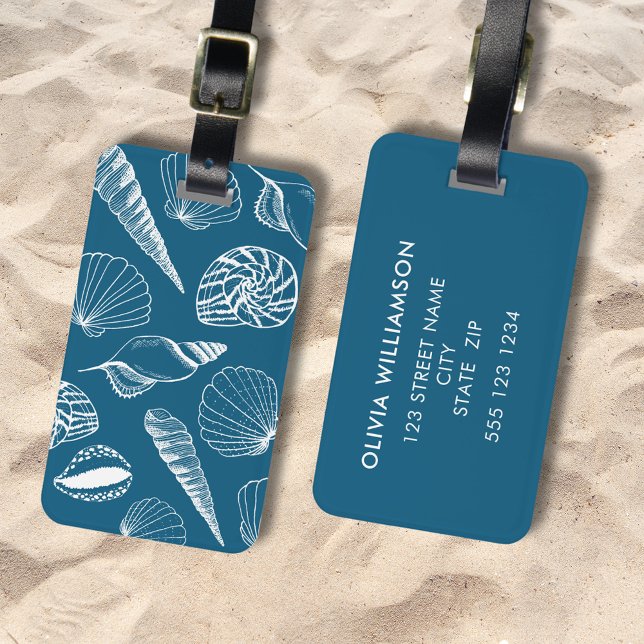 Étiquette À Bagage Illustration Sea Shell (Illustrated sea shell, nautical blue and white personalized luggage tag. Matching items available.)