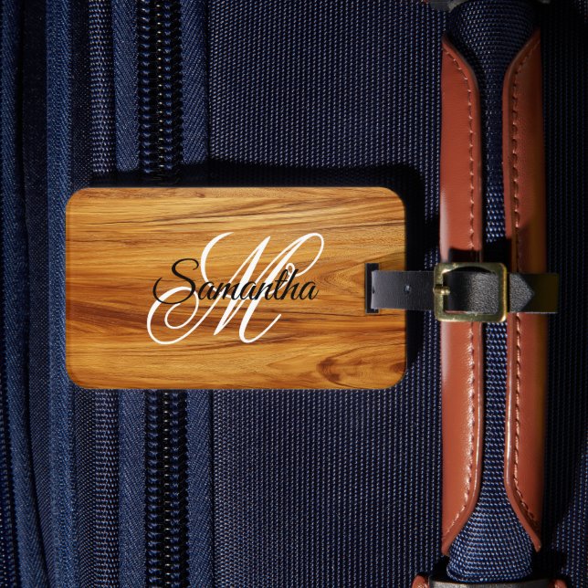 Étiquette À Bagage Image de monogramme fantaisie en bois de teck (Insitu Rectoal 4)