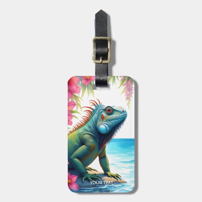 Étiquette À Bagage Imaginaire Cute Iguana Fleurs Mer (Devant Vertical)