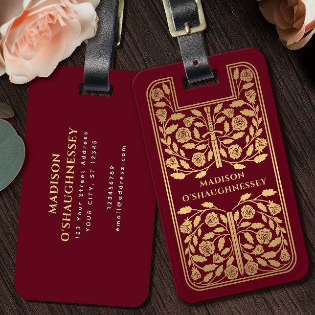 Étiquette À Bagage Imaginaire médiéval rouge Nom de l'épée d'or (Créateur téléchargé)