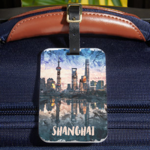 Étiquette À Bagage Impression d'art aquarelle de la skyline de Shangh