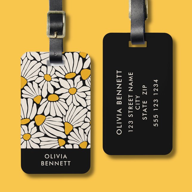 Étiquette À Bagage Impression de bloc jaune noir rétro floral (Stylish retro floral modern luggage tag with cream + yellow mosaic flowers on black background.)
