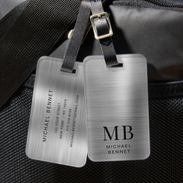 Étiquette À Bagage Impression métallisée fausse grise argent Monogram (Monogram Silver Gray Brushed Faux Metallic Print Luggage Tag)