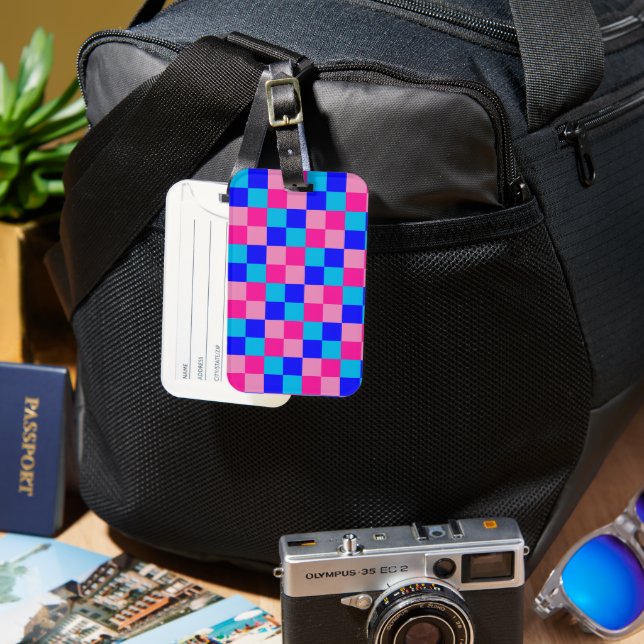 Étiquette À Bagage Imprimé à carreaux rose et bleu (Recto & Verso)