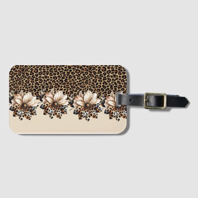 Étiquette À Bagage Imprimé animal et fleurs de guépard chic  (Devant Horizontal)