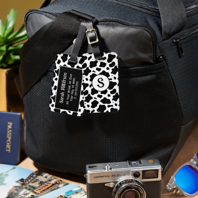 Étiquette À Bagage Imprimé de vache noir blanc Monogramme  (Recto & Verso)