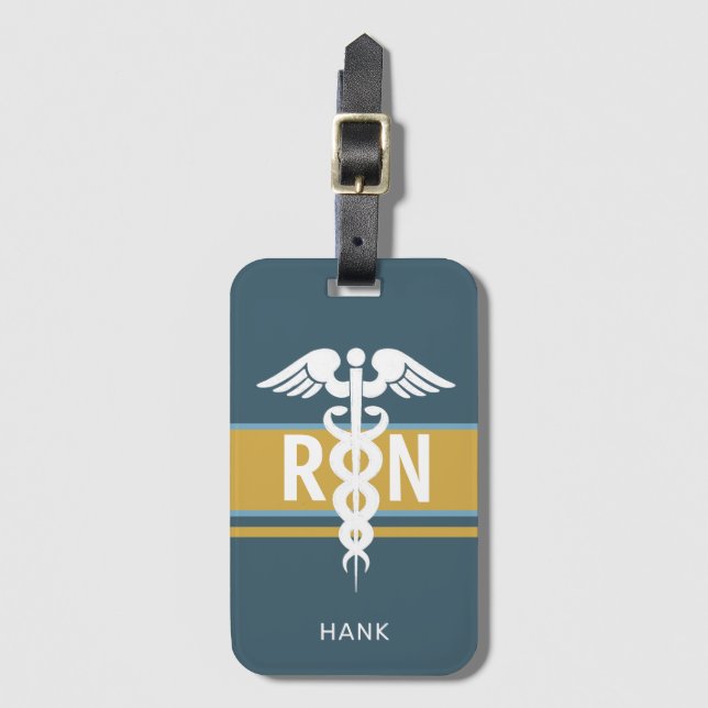Étiquette À Bagage Infirmière inscrite Blue Gold Caduceus Personnalis (Devant Vertical)