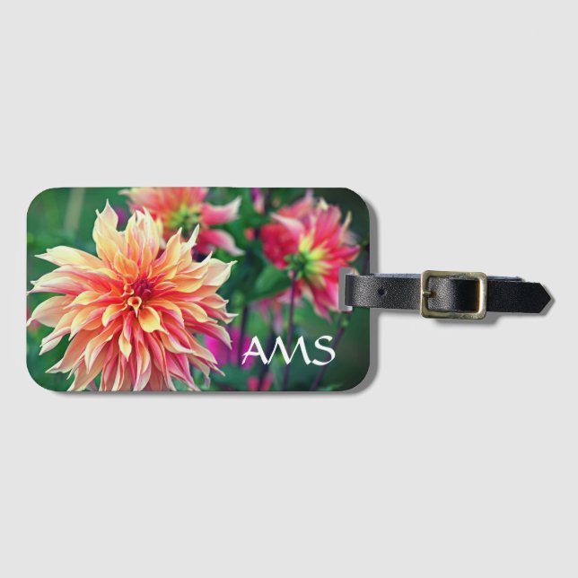Étiquette À Bagage Initiales à la fleur de dahlia orange et rose (Devant Horizontal)