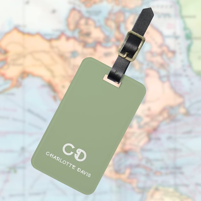 Étiquette À Bagage Initiales de monogramme blanc vert Sage (Créateur téléchargé)