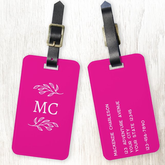 Étiquette À Bagage Initiales de monogramme personnalisées Feuille bot (Personalized monogram initial botanical leaf art minimalist hot pink luggage tag)
