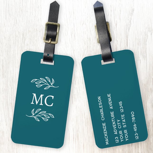 Étiquette À Bagage Initiales de monogramme personnalisées Feuille bot (Personalized monogram initial botanical leaf art minimalist teal green luggage tag
)