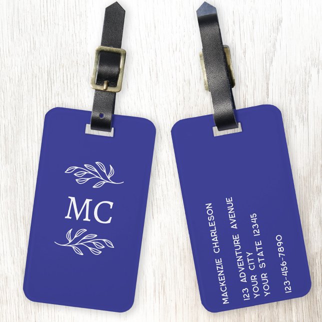Étiquette À Bagage Initiales de monogramme personnalisées Feuille bot (Personalized monogram initial botanical leaf art minimalist cobalt blue luggage tag)