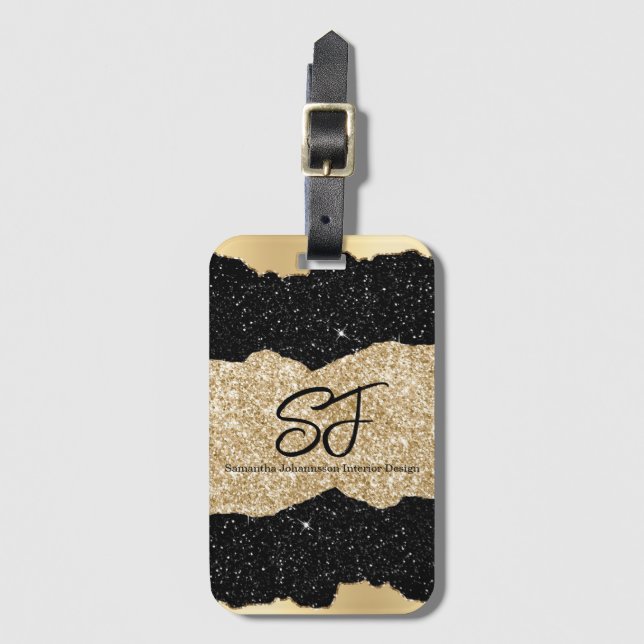 Étiquette À Bagage Initiales de monogramme sur paillettes noires et d (Devant Vertical)