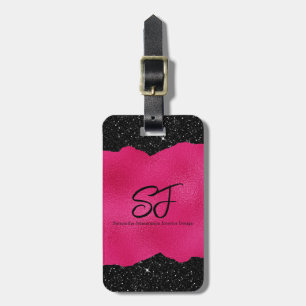 Étiquette À Bagage Initiales de monogramme sur paillettes rose vif et