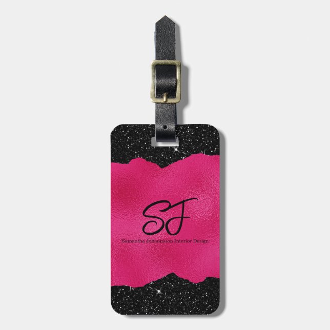 Étiquette À Bagage Initiales de monogramme sur paillettes rose vif et (Devant Vertical)