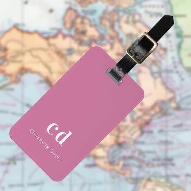 Étiquette À Bagage Initiales en monogramme blanc rose (Créateur téléchargé)