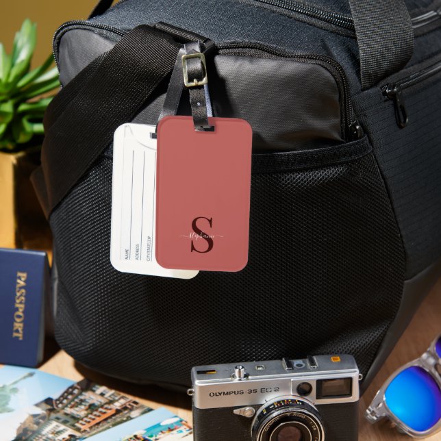 Étiquette À Bagage Initiales et nom du monogramme rouge rouille mou (Recto & Verso)