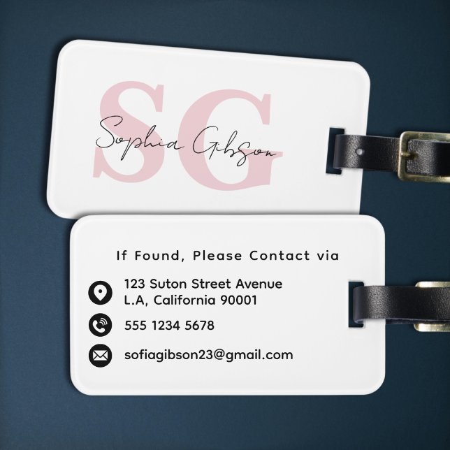 Étiquette À Bagage Initiales Monogramme Rose Féminin et Nom en Écritu (Créateur téléchargé)
