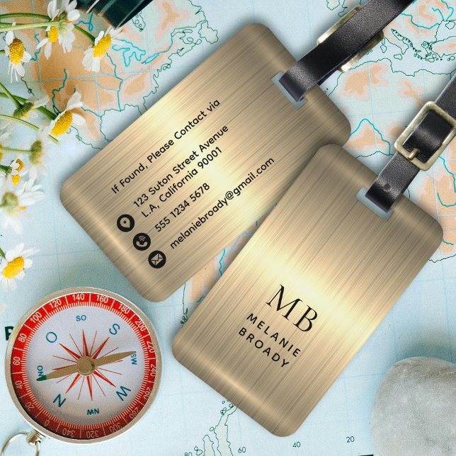 Étiquette À Bagage Initiales Monogrammées Métal Doré Élégant (Créateur téléchargé)