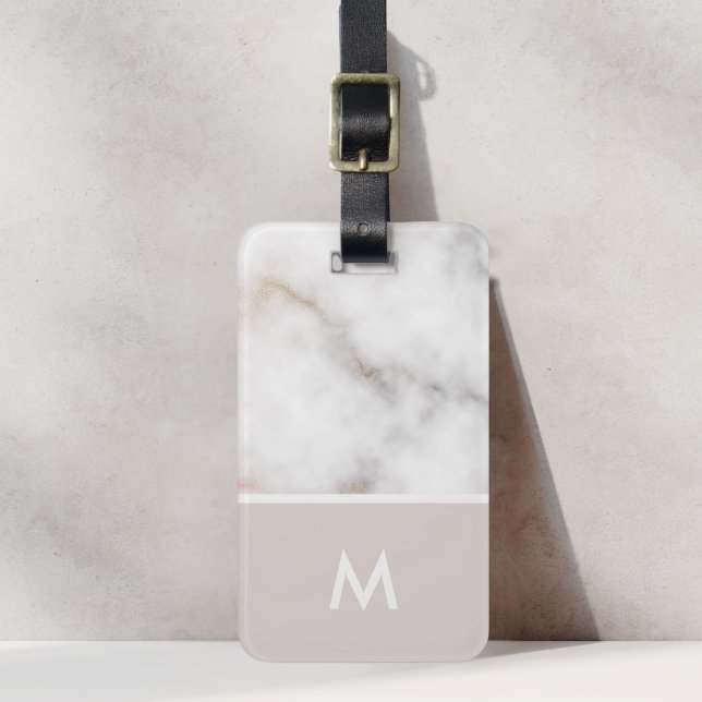 Étiquette À Bagage Initiales Personnalisées Marbre Rose et Or (Créateur téléchargé)