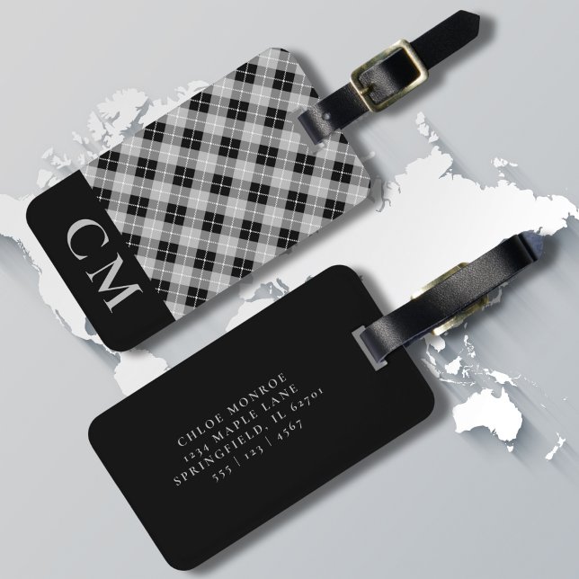 Étiquette À Bagage Initiales simples modernes en carton noir monogram (Créateur téléchargé)