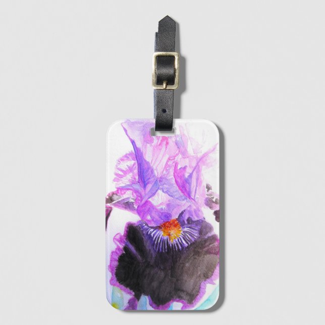 Étiquette À Bagage Iris Pourpre Fleur Aquarelle Florale Anniversaire (Devant Vertical)