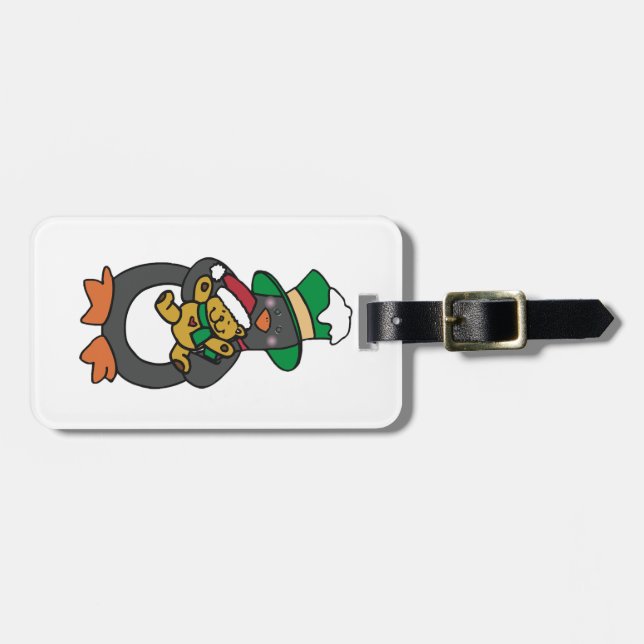 Étiquette À Bagage Irish Penguin Holding Christmas Teddy Bear (Devant horizontal)