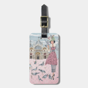 Étiquette À Bagage Italie Venise voyage pigeons gris rose fille dessi