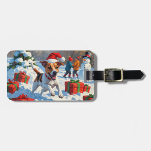 Étiquette À Bagage Jack Russell Courir en neige avec Casquette de Noë