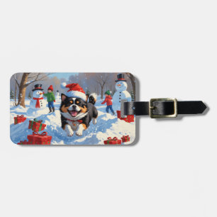 Étiquette À Bagage Japanese Chin courant dans la neige avec un chapea