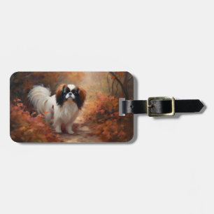 Étiquette À Bagage Japanese Chin dans les feuilles d'automne tombent