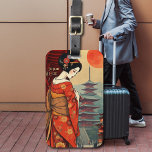 Étiquette À Bagage Japon geisha maiko voyage japonaise<br><div class="desc">Cette étiquette de bagage du Japon présente une belle maiko / geisha élégante,  temples de pagode,  et un grand soleil rouge - tous les symboles du vieux Japon.</div>
