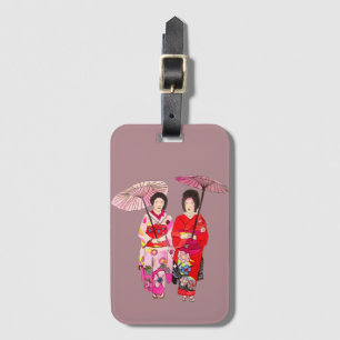 Étiquette À Bagage Japonais mignon Geisha avec kimono rose