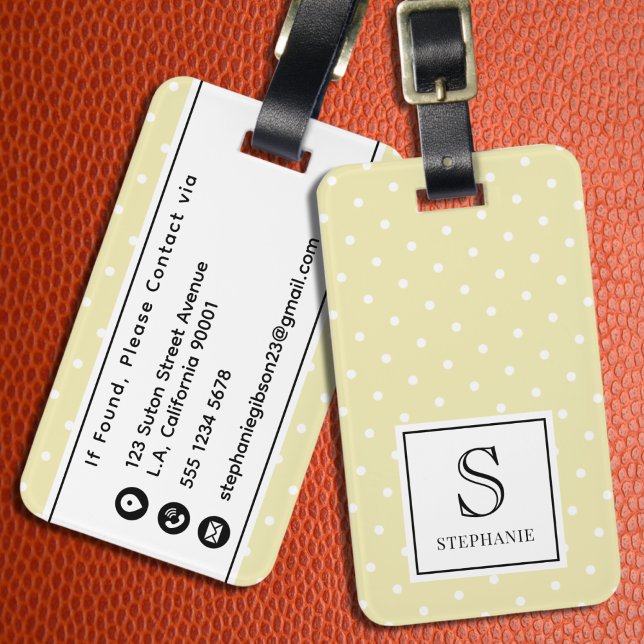 Étiquette À Bagage Jaune Chic Noir Monogramme & Nom Blanc à pois (Créateur téléchargé)
