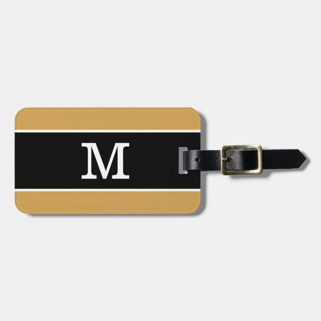 Étiquette À Bagage Jaune Moutarde Moderne Rayé Noir Blanc Monogramme (Devant horizontal)