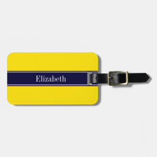 Étiquette À Bagage Jaune Uni, Ruban Bleu Marine Monogramme Nom