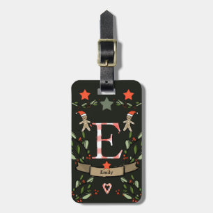 Étiquette À Bagage Je voyage pour Noël monogramme "E" avec le nom