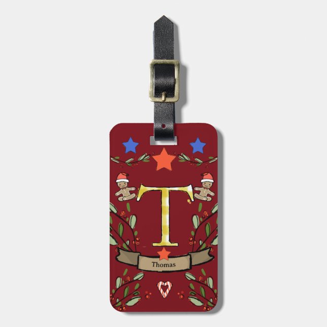 Étiquette À Bagage Je voyage pour Noël monogramme "T" avec le nom (Devant Vertical)