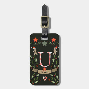 Étiquette À Bagage Je voyage pour Noël monogramme "U" avec le nom
