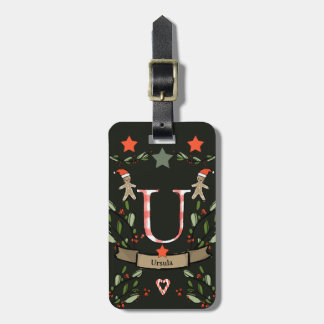 Étiquette À Bagage Je voyage pour Noël monogramme "U" avec le nom