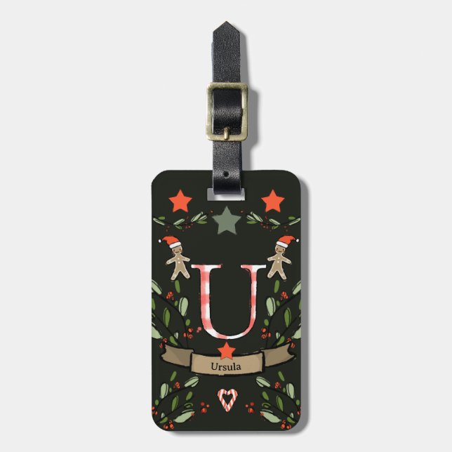 Étiquette À Bagage Je voyage pour Noël monogramme "U" avec le nom (Devant Vertical)