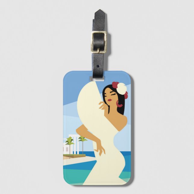 Étiquette À Bagage Jeune dame espagnole posant avec ventilateur sur l (Devant Vertical)